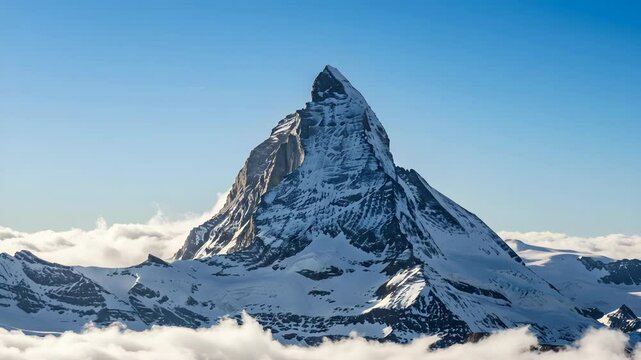 Snow Capped Matterhorn Mountain Peak Pierces Through Soft White Clouds Under Clear Blue Sky In Switzerland Aerial Shot