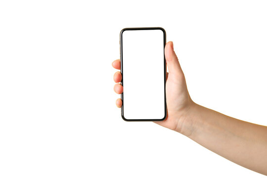 Hand displays a smartphone with a blank screen, isolated on white, PNG