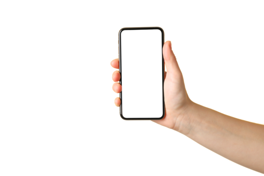 Hand displays a smartphone with a blank screen, isolated on white, PNG