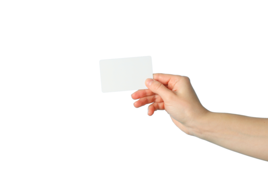 Hand holding a blank card, transparent bg, isolated on white, PNG