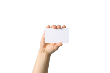 Hand holding a blank card, white bg, isolated on white, PNG