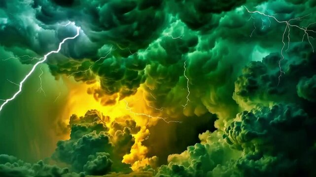 Dunkle Gewitterwolken, gr&uuml;ne Blitze im Himmel, Nacht Gewitter, gr&uuml;ne Wolken, gelbe Wolken, Dunkler Nachthimmel mit Blitz und Donner, gelbe Blitze und Plasma in der Luft, Aufgeladene Wolken, Sterne.