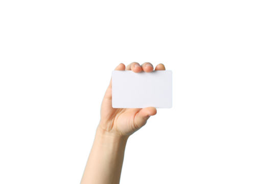 Hand holding a blank card, white bg, isolated on white, PNG
