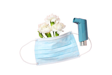Mask and inhaler with flowers, isolated on white, PNG