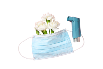 Mask and inhaler with flowers, isolated on white, PNG