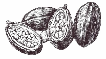 Hand-drawn illustration of cacao pods and seeds.