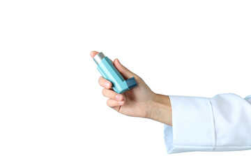 A hand grips an inhaler for asthma relief, isolated on white, PNG
