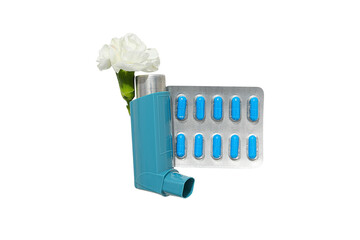 Inhaler with flower by pill pack, isolated on white, PNG