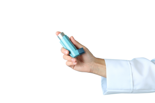 A hand grips an inhaler for asthma relief, isolated on white, PNG