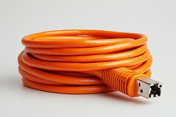 A rolled up orange ethernet cable with connector against a clean white background