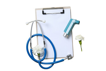 Medical supplies and a clipboard with flowers, isolated on white, PNG