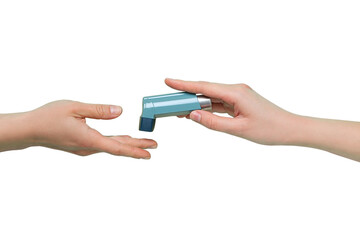 Passing an inhaler for treatment, isolated on white, PNG