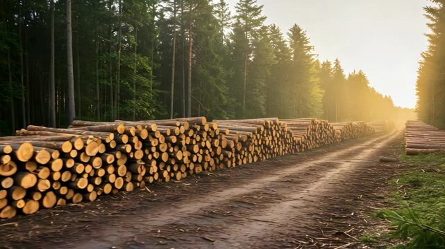 Stacks of Wooden Logs Along a Dirt Road in Forest with Warm Sunlight and Tall Green Trees in a Serene Landscape