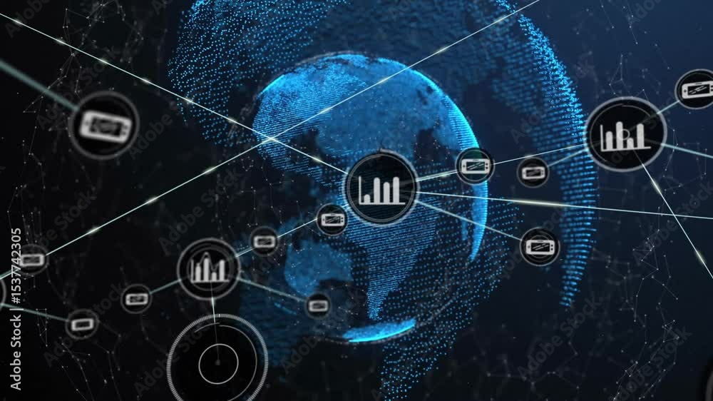 Poster initial node appearing over rotating globe, extending lines to devices, forming data network