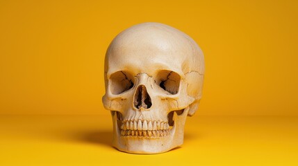 Obraz premium Detailed Beige Human Skull on Yellow Background