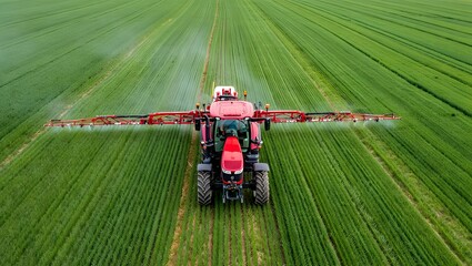 Tractor spraying fertilizer on a green field on a farm