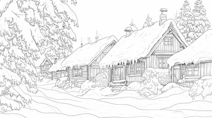 Obraz premium Snow-covered wooden houses in a winter landscape drawing.
