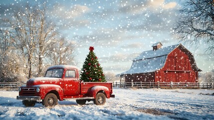 A charming red truck adorned with a Christmas tree in a snowy winter landscape