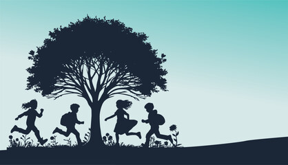 Children playing in a park. Vector illustration.kids playing and running with autumn trees vector in white background