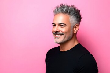 Fototapeta premium A serene and handsome man posing in style. Pink solid background. Fashionable men's spiky hair haircut - midlife middle eastern man with curly hair. Concept art idea of style for aging men.