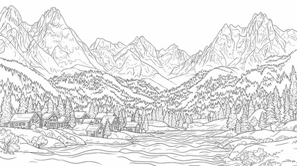 Obraz premium Mountain village nestled beside a river, a detailed line drawing.