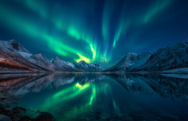 Stunning Northern Lights over Snowy Mountains and Reflective Lake