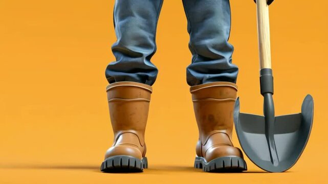Farmer in overalls, hat and rubber boots put his leg on shovel front view 3d illustration. 3d illustration of gardener man standing with shove.