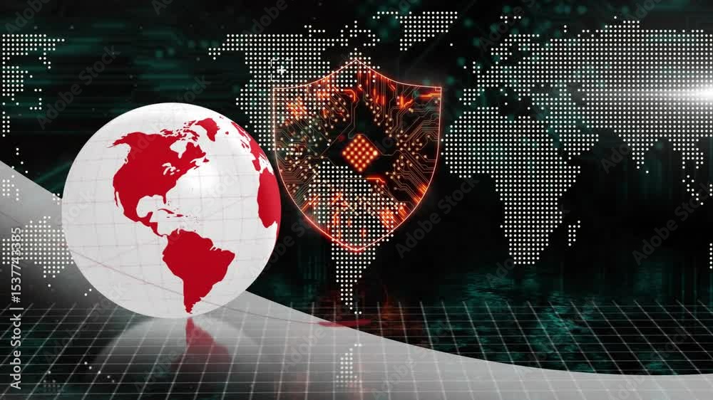 Aufkleber 3d globe entering left and rotating while dotted map emerging and shield circuitry pulsing for data