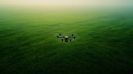 A drone flies over a vast green field