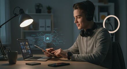 Young Man Engaging with AI Concept on Tablet in Modern Setting