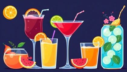 high quality, bright, stylized illustration of drinks with fruit garnishes, bold colors, minimal shapes