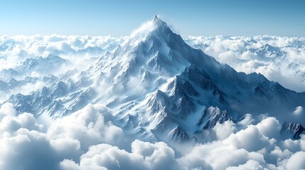 A majestic snowy mountain peak rising above fluffy clouds