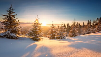 Fototapeta premium golden christmas ornament with snowflake on snow at sunset in winter forest