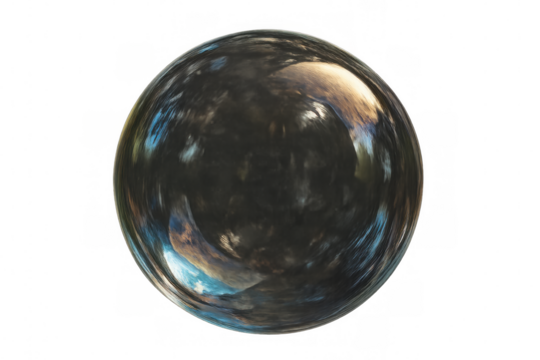 Metallic chrome sphere mirroring cloudy sky, transparent background enabling seamless graphic design integration