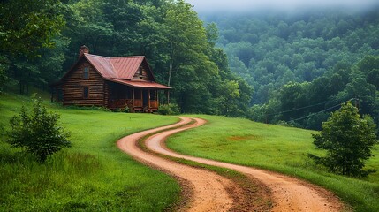 Fototapeta premium A remote log cabin nestled in a lush forested landscape with a winding dirt road leading to it