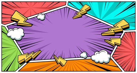 Colorful comic book, pop art cartoon layout template halftone dotted background with blank space for add your text vector illustration