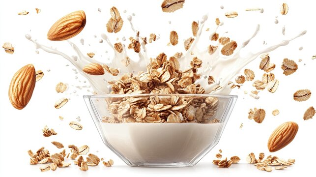 Delicious breakfast bowl with granola, almonds, and milk splash on white background