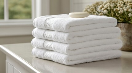 Neat stack of four white fluffy bath towels on a bathroom counter with soap and flowers.