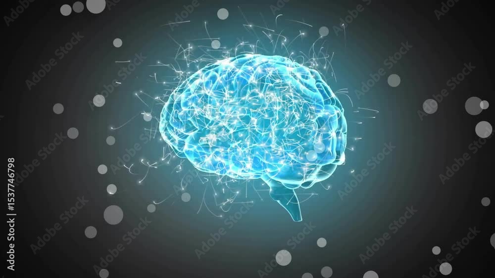 Poster upon starting, 3d brain hologram appearing, rotating with tracing pulses showing neural data flow