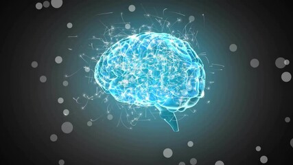 Upon starting, 3D brain hologram appearing, rotating with tracing pulses showing neural data flow - Powered by Adobe