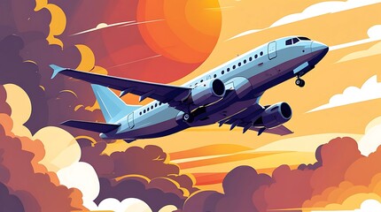 Illustration of a Modern Airplane Flying Across Clouds with an Orange Sky in the Evening