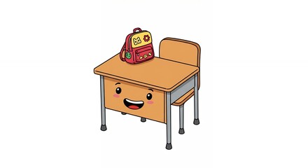 Cute cartoon school desk and chair with backpack
