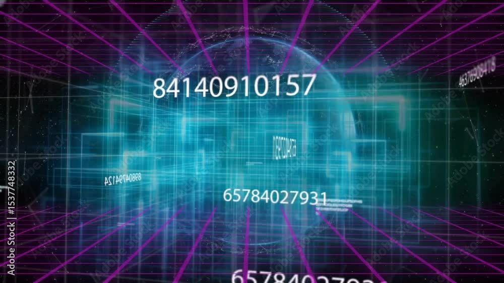 Poster opening on magenta grid cyan cube pulsing into rotating data globe numerics showing live interface