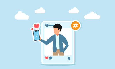 a man holding smartphone inside social media frame taking a selfie illustration of personal branding