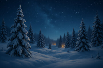 Snow Covered Cabin in a Winter Pine Forest Landscape

