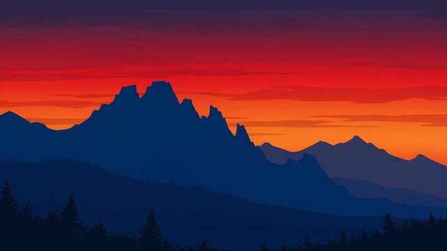 Vivid Sunset Over Pixelated Mountain Ranges Silhouette With Texturized Sky in Shades of Orange and Red Depicts Layered Landscapes