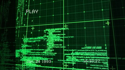 On play PLAY+ appearing, clock counting seconds, grid code shifting amid static simulating glitch - Powered by Adobe
