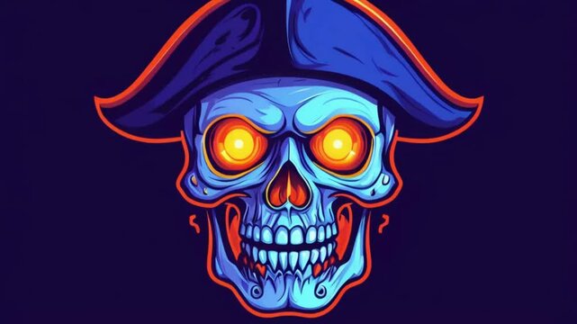 Halloween pirate skull with glowing eyes, eerie illustration, flat design illustration.