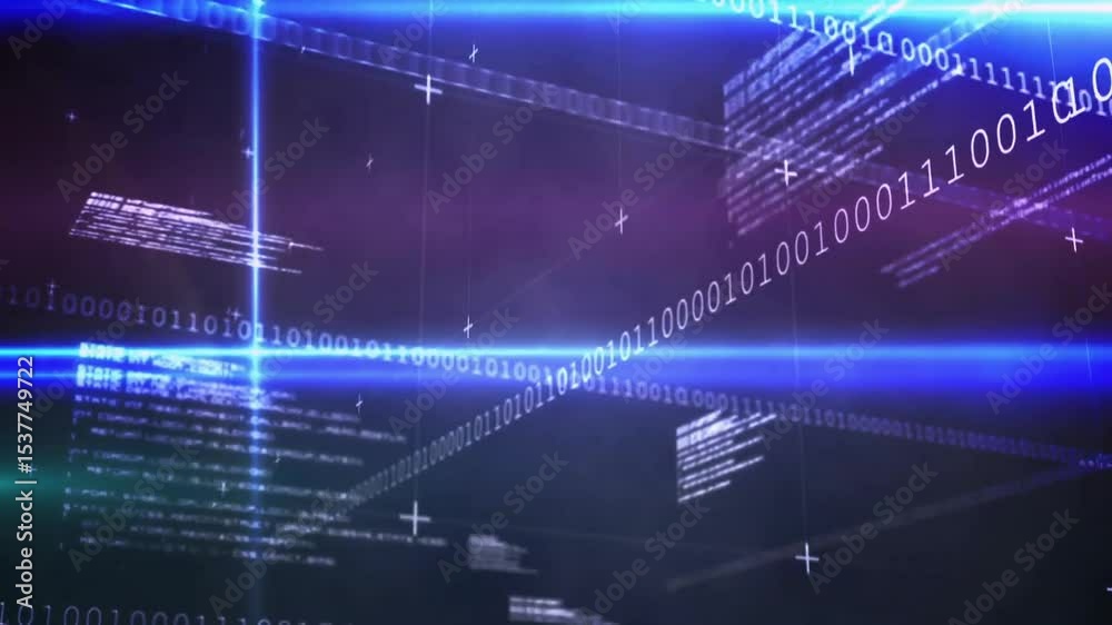 Poster Thin beam appearing triggers band extending, binary streaming across rotating grid visualizing data