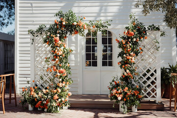 Ornate floral archway display against a white lattice backdrop.